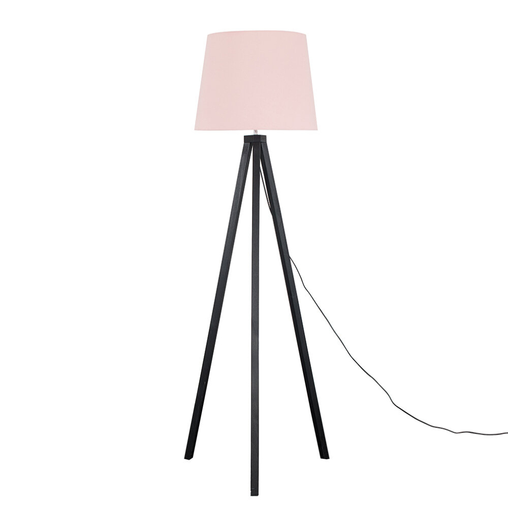 Modern Black Wood Tripod Design Floor Lamp with a Pink Tapered Shade - Complete with a 6w LED GLS Bulb [3000K Warm White]