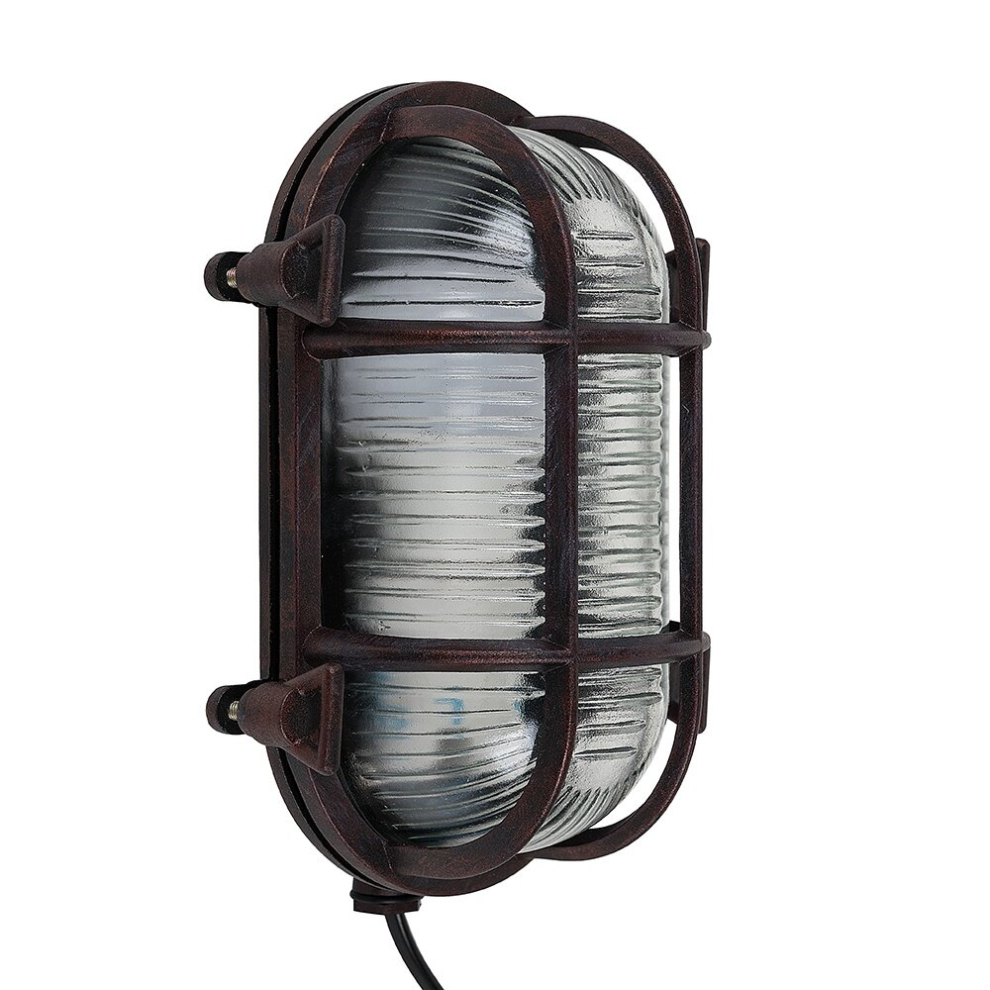 IP64 Rated Oval Rust Effect Nautical Design Frosted Lens Cross-Cased Metal Outdoor Bulkhead Wall Light - With a 10w LED GLS Bulb [3000K Warm White]