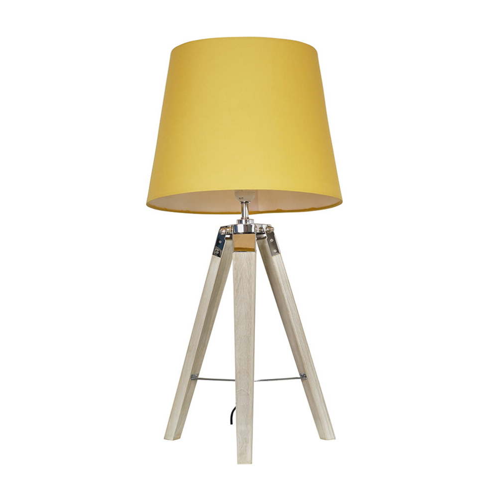 Modern Distressed Wood and Silver Chrome Tripod Table Lamp with a Mustard Tapered Light Shade - Complete with a 6w LED GLS Bulb [3000K Warm White]