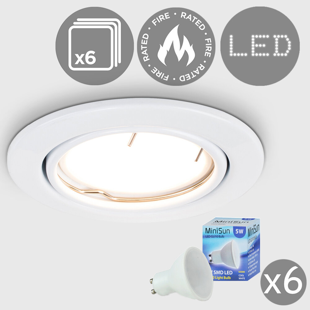 Pack of 6 - Fire Rated Gloss White Tiltable GU10 Recessed Ceiling Downlights - Complete with 5w LED Bulbs [6500K Cool White]