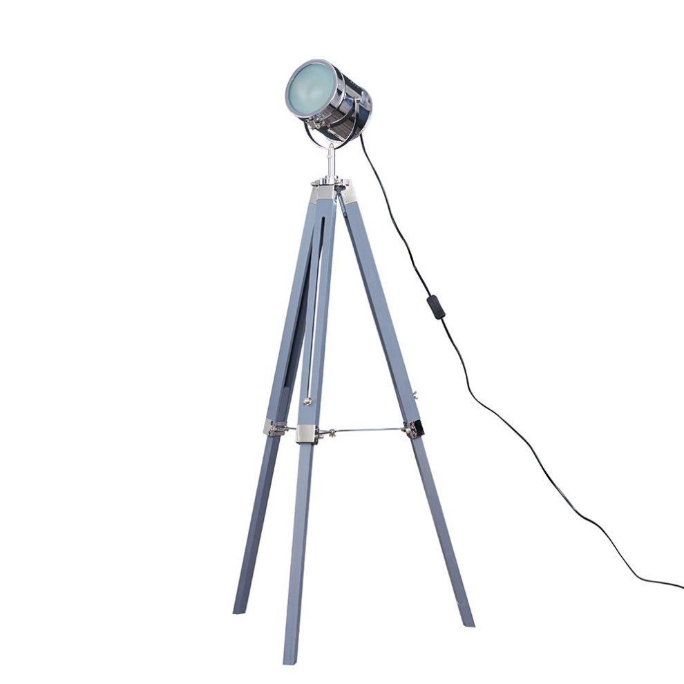 Modern Cool Grey & Chrome Industrial Photography/Film Studio Style Adjustable Spotlight Tripod Floor Lamp - With a 6w LED GLS Bulb [3000K Warm White]