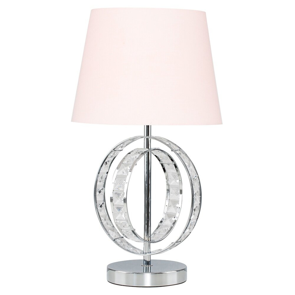 Chrome Acrylic Jewel Intertwined Double Hoop Design Table Lamp with a Pink Polycotton Tapered Light Shade - With a 4w LED Bulb [3000K Warm White]