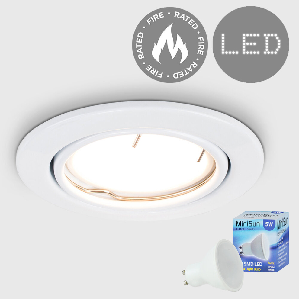 Fire Rated Gloss White Tiltable GU10 Recessed Ceiling Downlight - Complete with a 5w LED Bulb [3000K Warm White]