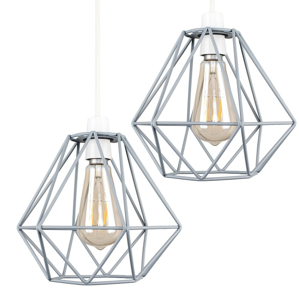 Pair of - Retro Style Grey Metal Basket Cage Ceiling Pendant Light Shades - Complete with 4w LED Filament Bulbs [2700K Warm White]