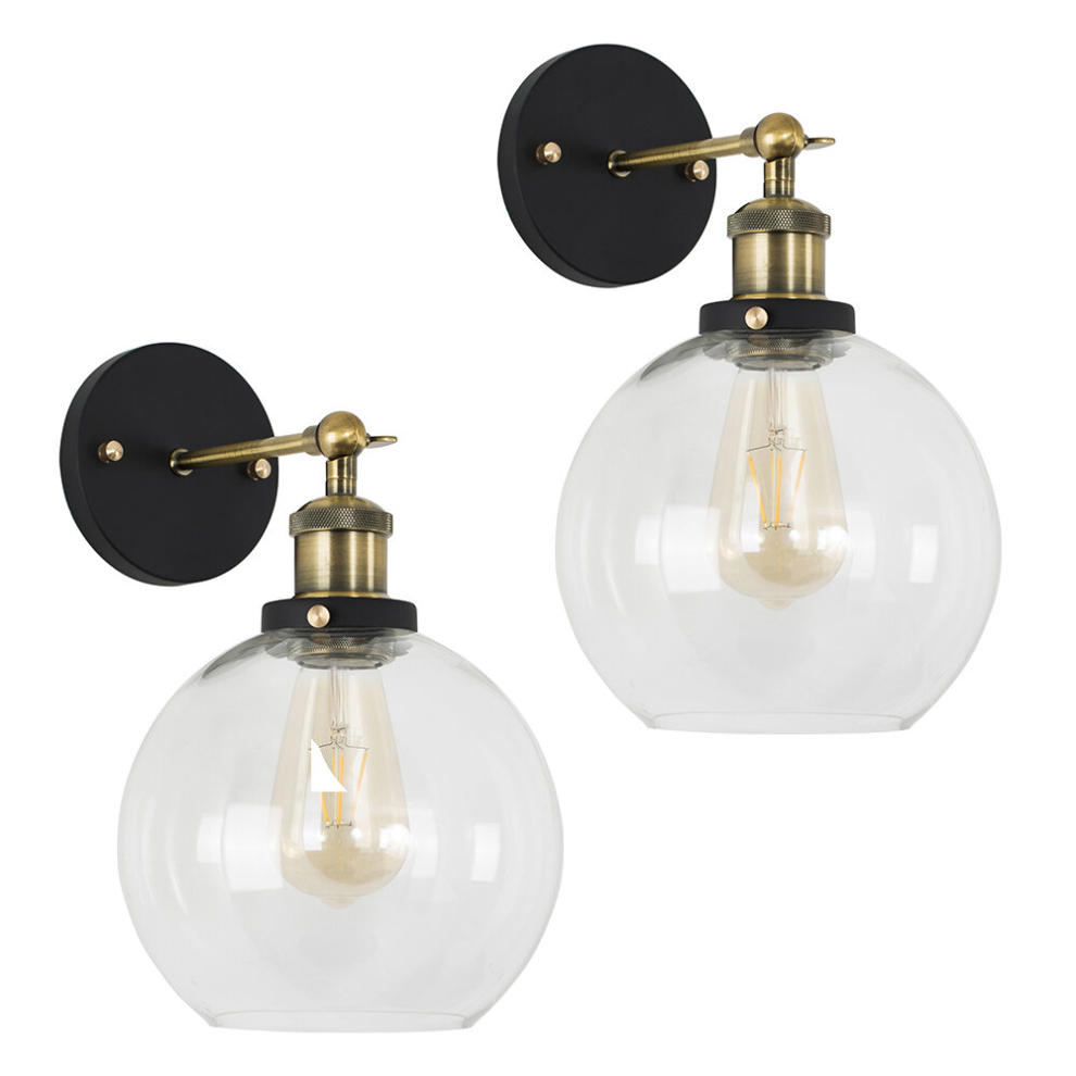 Pair Industrial Black Gold Wall Lights with Glass Globe Shade 4w Bulbs