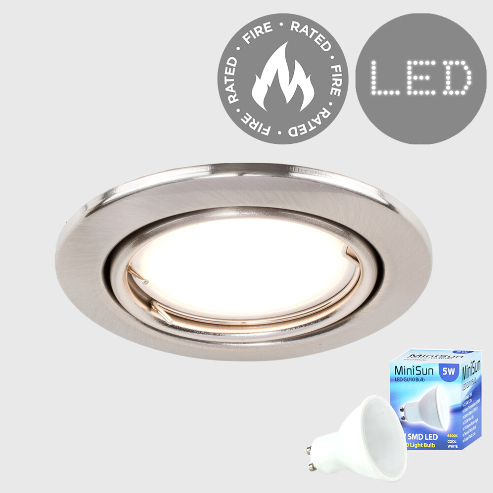 Fire Rated Brushed Chrome Tiltable GU10 Recessed Ceiling Downlight - Complete with a 5w LED Bulb [6500K Cool White]