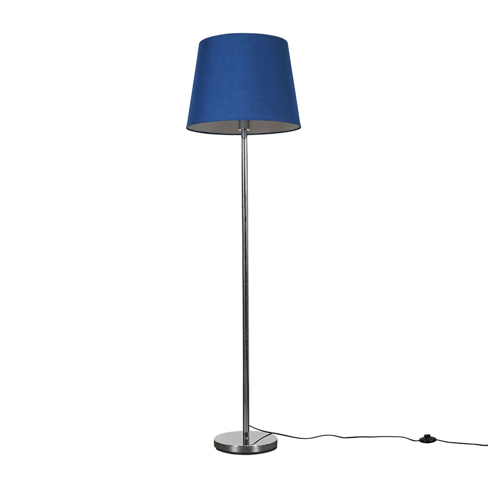 Modern Polished Chrome Metal Standard Floor Lamp with a Navy Blue Tapered Shade - Complete with a 6w LED Bulb [3000K Warm White]