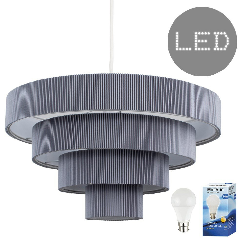 Modern 4 Tier Grey Pleated Effect Ceiling Pendant Light Shade - Complete with a 10w LED GLS Bulb [3000K Warm White]