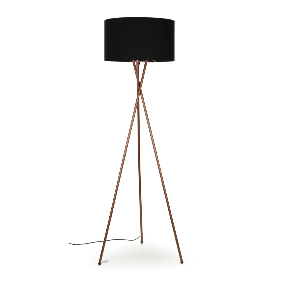 Modern Copper Metal Tripod Floor Lamp with a Black Cylinder Shade - Complete with a 6w LED Bulb [3000K Warm White]