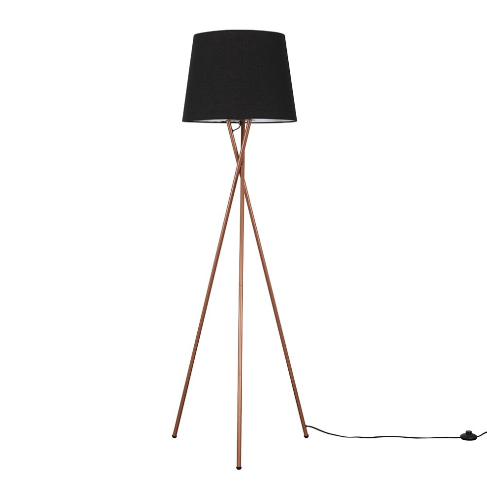 Modern Copper Metal Tripod Floor Lamp with a Black Tapered Shade - Complete with a 6w LED Bulb [3000K Warm White]