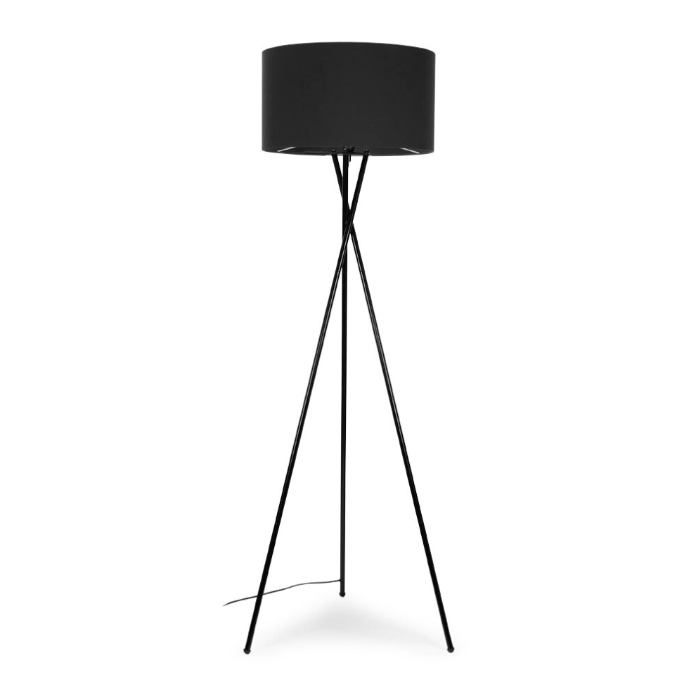 Modern Gloss Black Metal Tripod Floor Lamp with a Dark Grey Cylinder Shade - Complete with a 6w LED Bulb [3000K Warm White]