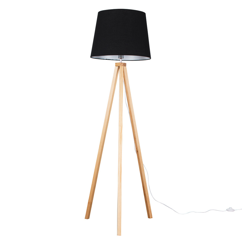 Modern Light Wood Tripod Design Floor Lamp with a Black Tapered Shade - Complete with a 6w LED GLS Bulb [3000K Warm White]