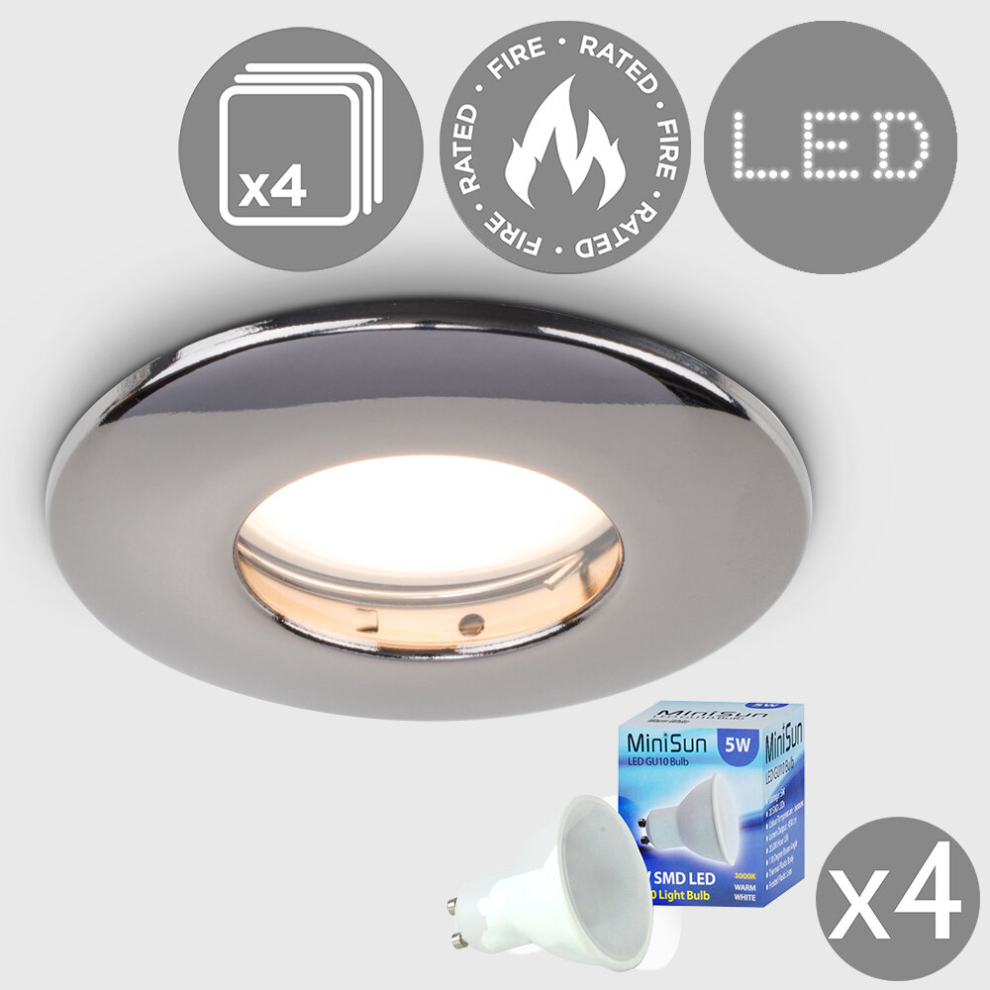 Set of 4 Fire Rated IP65 Chrome Ceiling Lights with 5w LED Bulbs