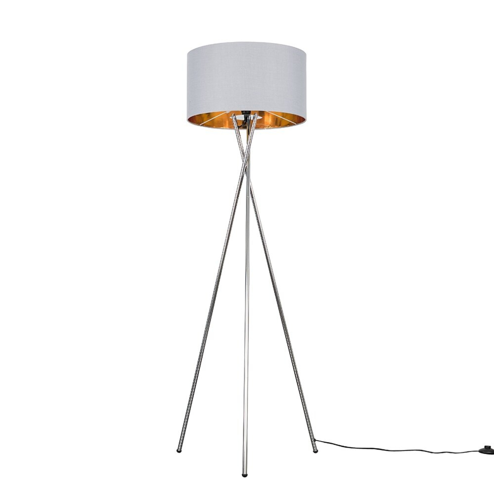 Modern Polished Chrome Metal Tripod Floor Lamp with a Grey & Gold Cylinder Shade - Complete with a 6w LED Bulb [3000K Warm White]