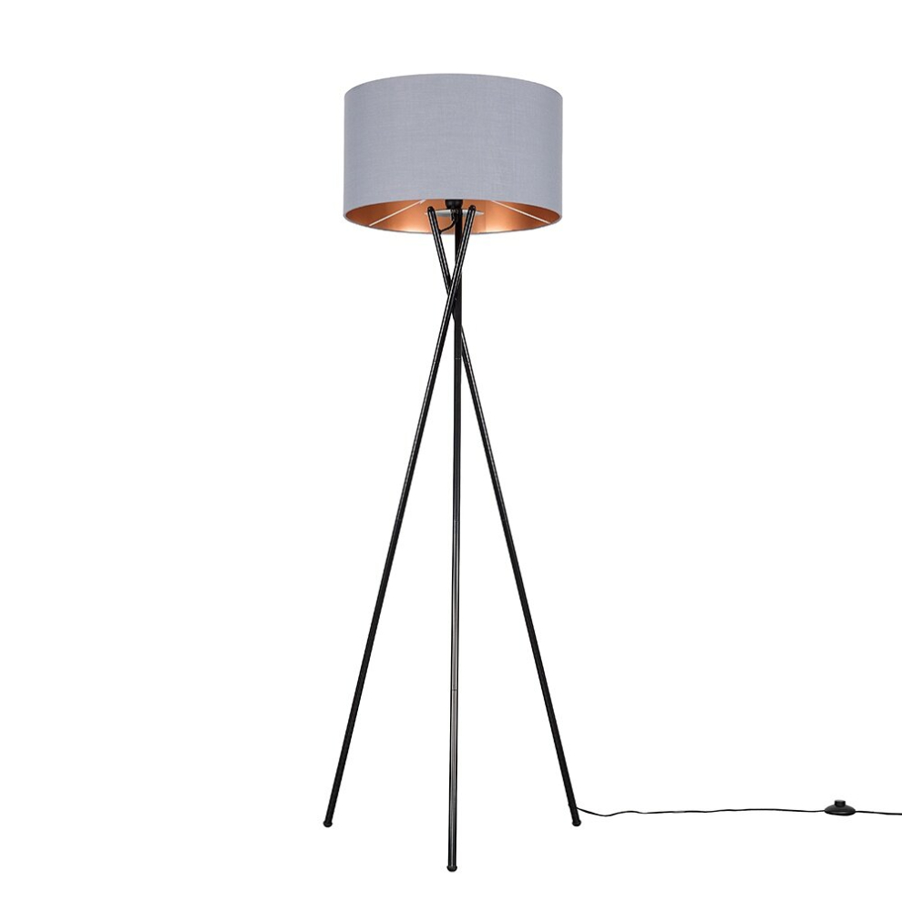Modern Gloss Black Metal Tripod Floor Lamp with a Grey & Copper Cylinder Shade