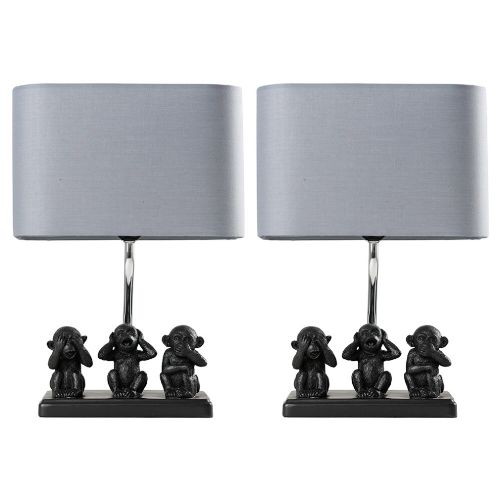Pair of Modern Black Three Wise Monkeys Table Lamps with a Grey Shade