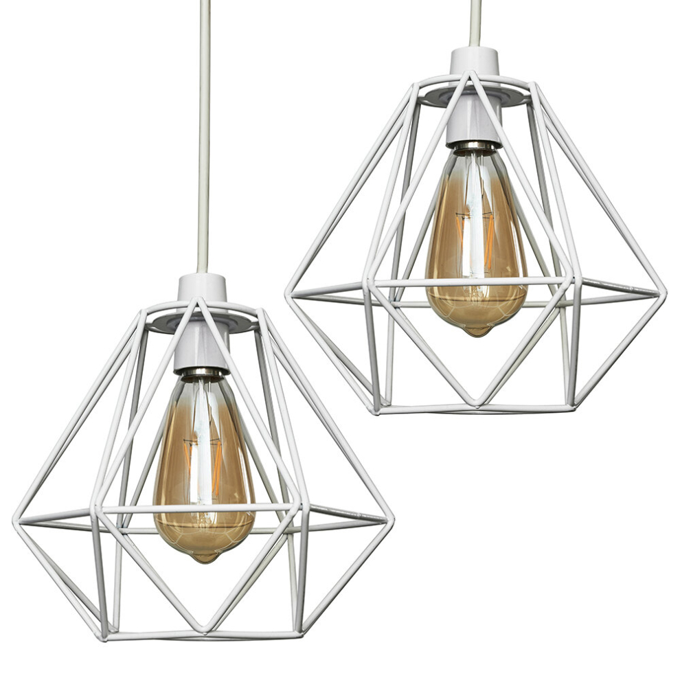 Pair of - Retro Style White Metal Basket Cage Ceiling Pendant Light Shades - Complete with 4w LED Filament Bulbs [2700K Warm White]