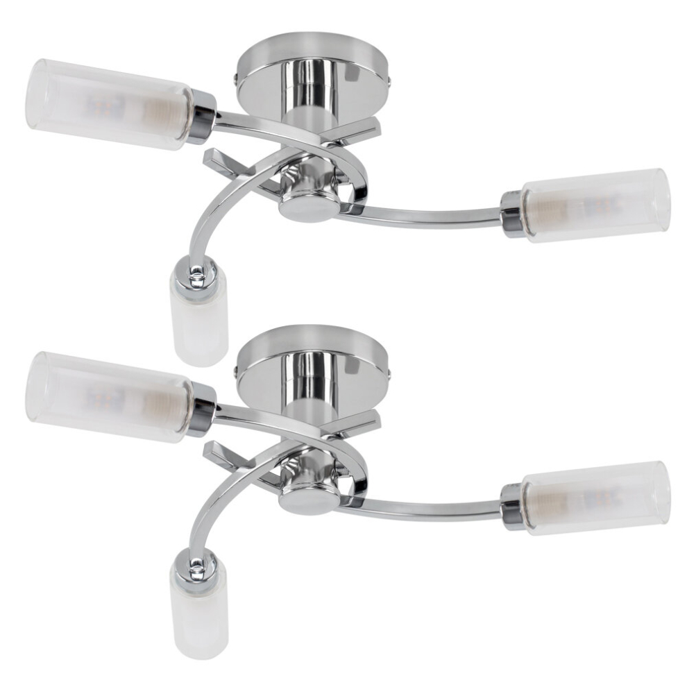 Pair of - Modern 3 Way Spiral Flush Silver Chrome Ceiling Light Fittings with Elegant Clear and Frosted Glass Shades
