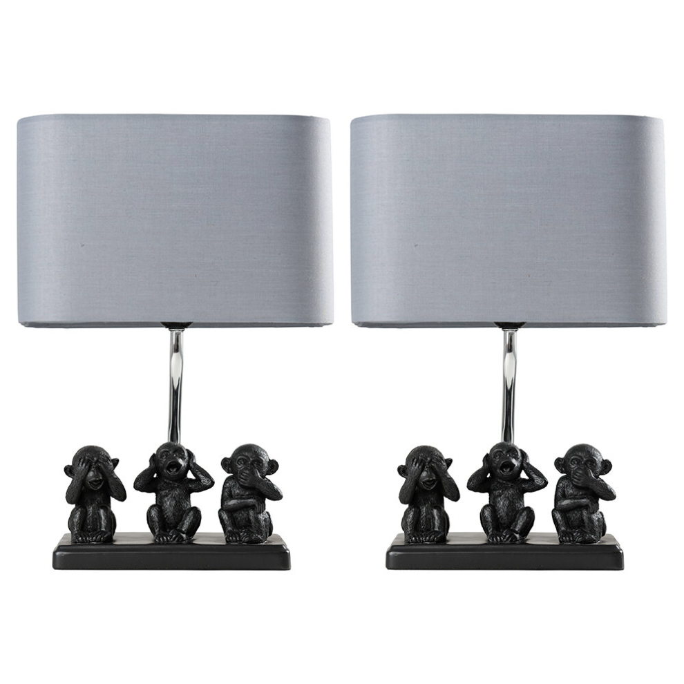 Pair of Modern Black Three Wise Monkeys Table Lamps with a Grey Shade - Complete with 4w LED Bulbs [3000K Warm White]