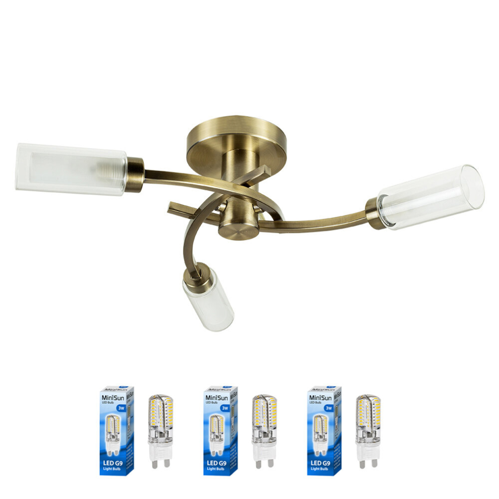 3 Way Spiral Flush Antique Brass Effect Ceiling Light Fitting with Clear and Frosted Glass Shades - 3 x 3w Energy Saving Long Life G9 LED Light Bulbs