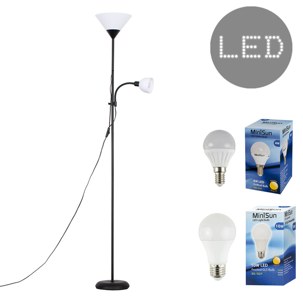 Gloss Black 2-way Uplighter Spotlight Floor Lamp & Warm White LED Bulb