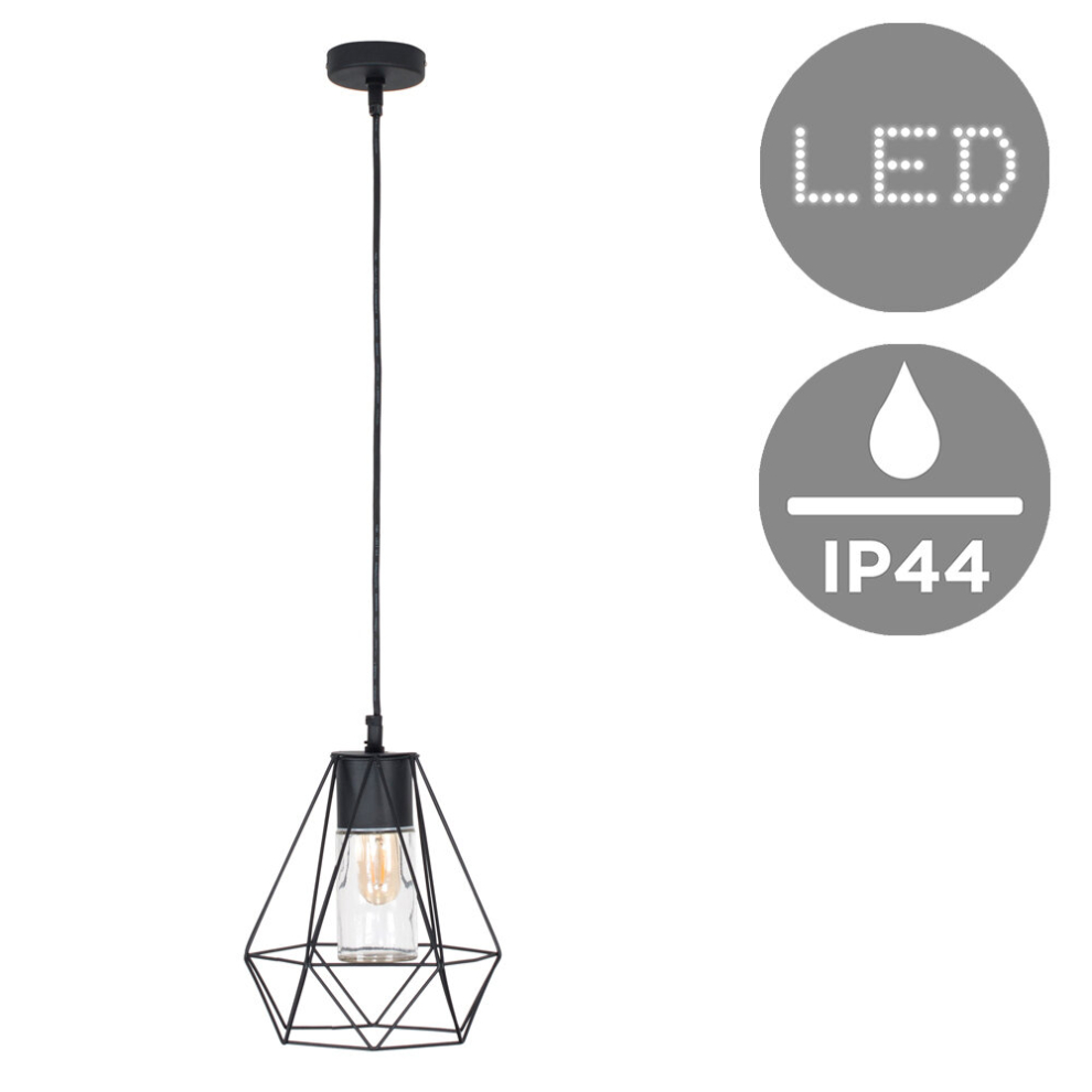 Retro IP44 Rated Gloss Black Ceiling Bathroom Light Pendant with a Metal Open Basket & Clear Glass Shade + 4w LED Filament Bulb 2700K Warm White