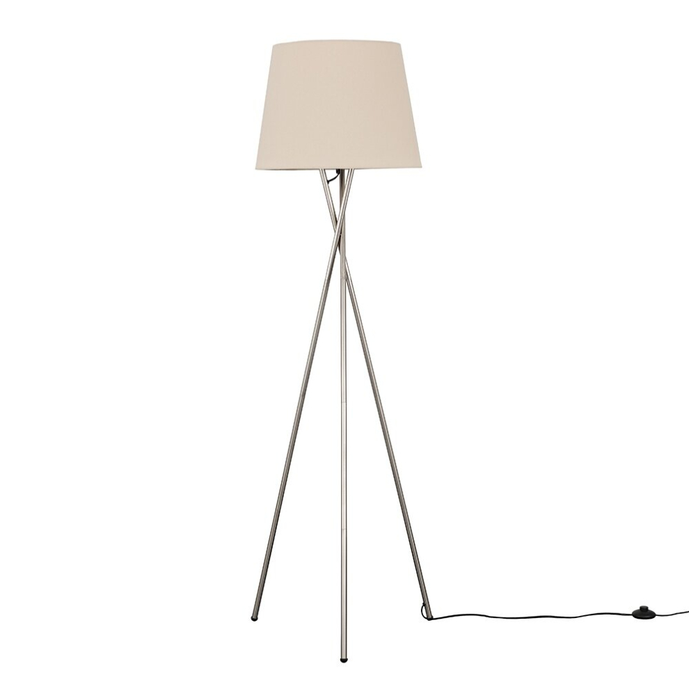 Modern Brushed Chrome Metal Tripod Floor Lamp with a Beige Tapered Shade - Complete with a 6w LED Bulb [3000K Warm White]