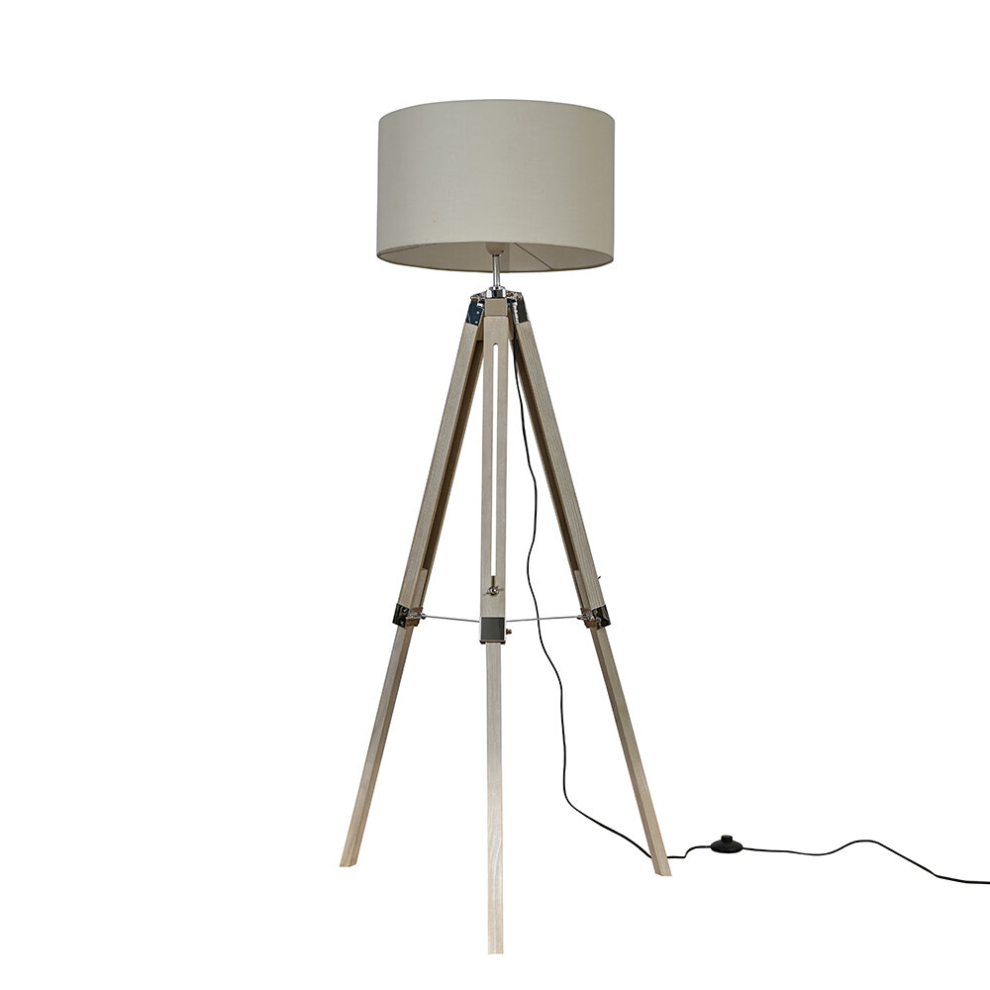 Modern Light Wood & Chrome Tripod Floor Lamp with a Beige Drum Shade