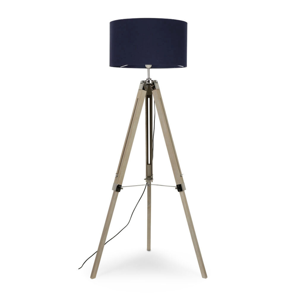 Modern Light Wood & Chrome Tripod Floor Lamp with a Navy Drum Shade