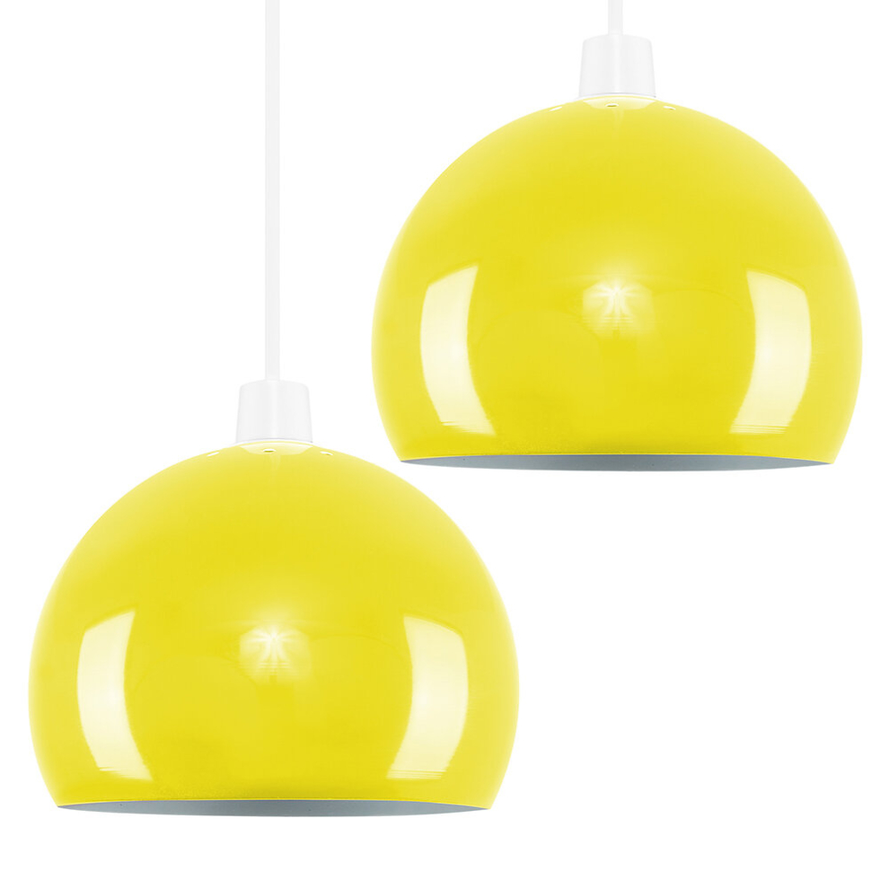 Pair of Mini Retro Gloss Yellow Arco Style Dome Ceiling Pendant Light Shades - Complete with 10w LED GLS Bulbs [3000K Warm White]