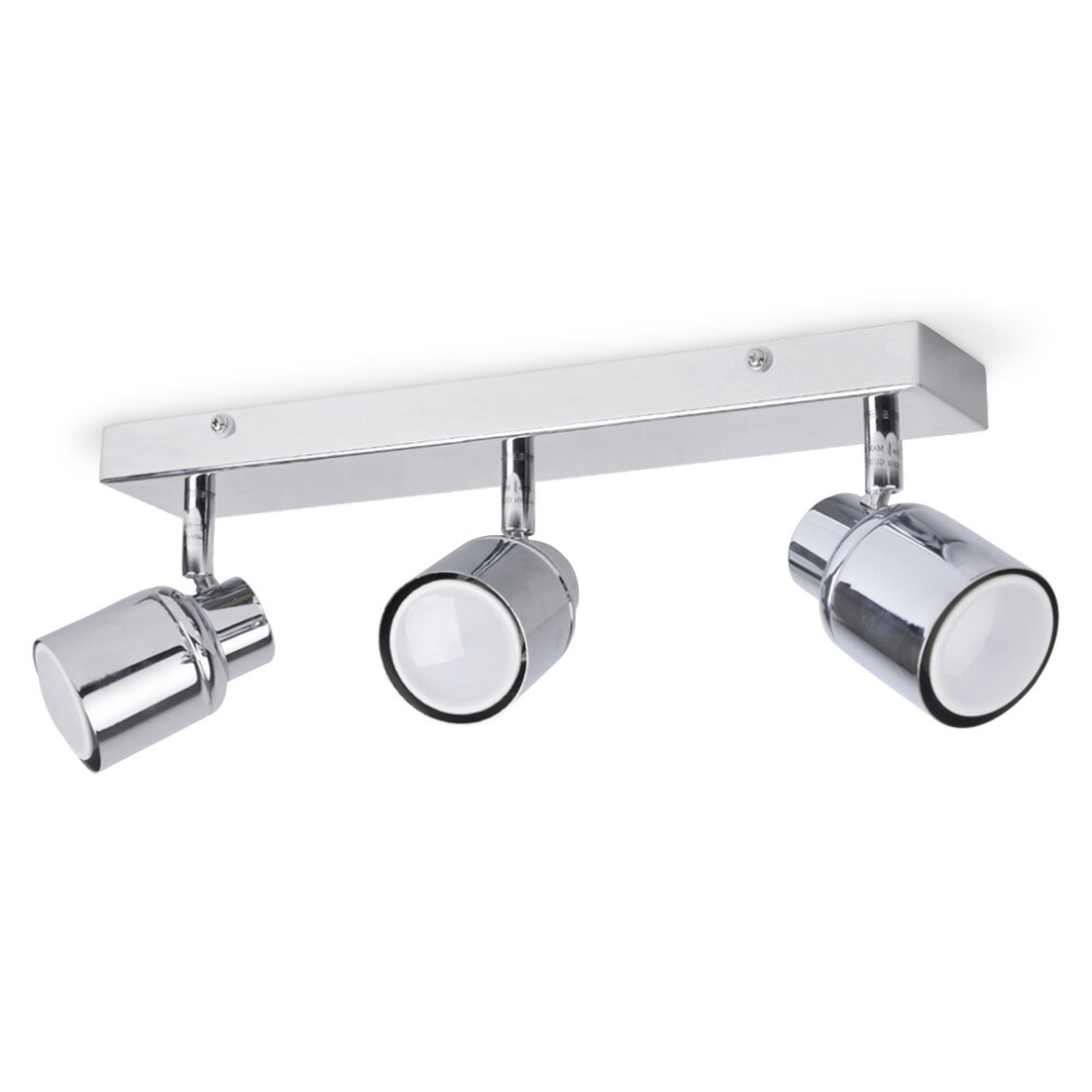 Modern 3 Way Polished Chrome IP44 Rated Adjustable Straight Bar Bathroom Ceiling Spotlight - Complete with 3 x 5W Cool White GU10 LED Bulbs