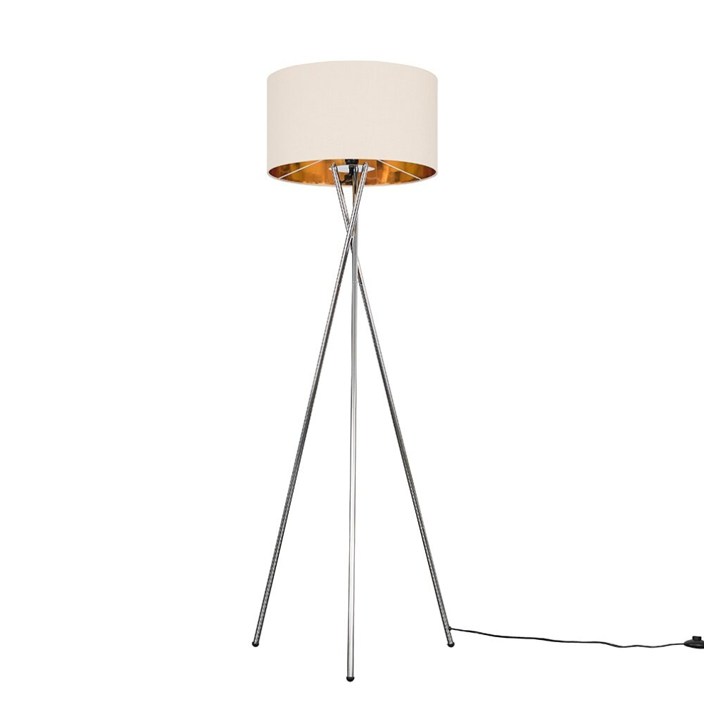 Modern Polished Chrome Metal Tripod Floor Lamp with a Beige & Gold Cylinder Shade - Complete with a 6w LED Bulb [3000K Warm White]