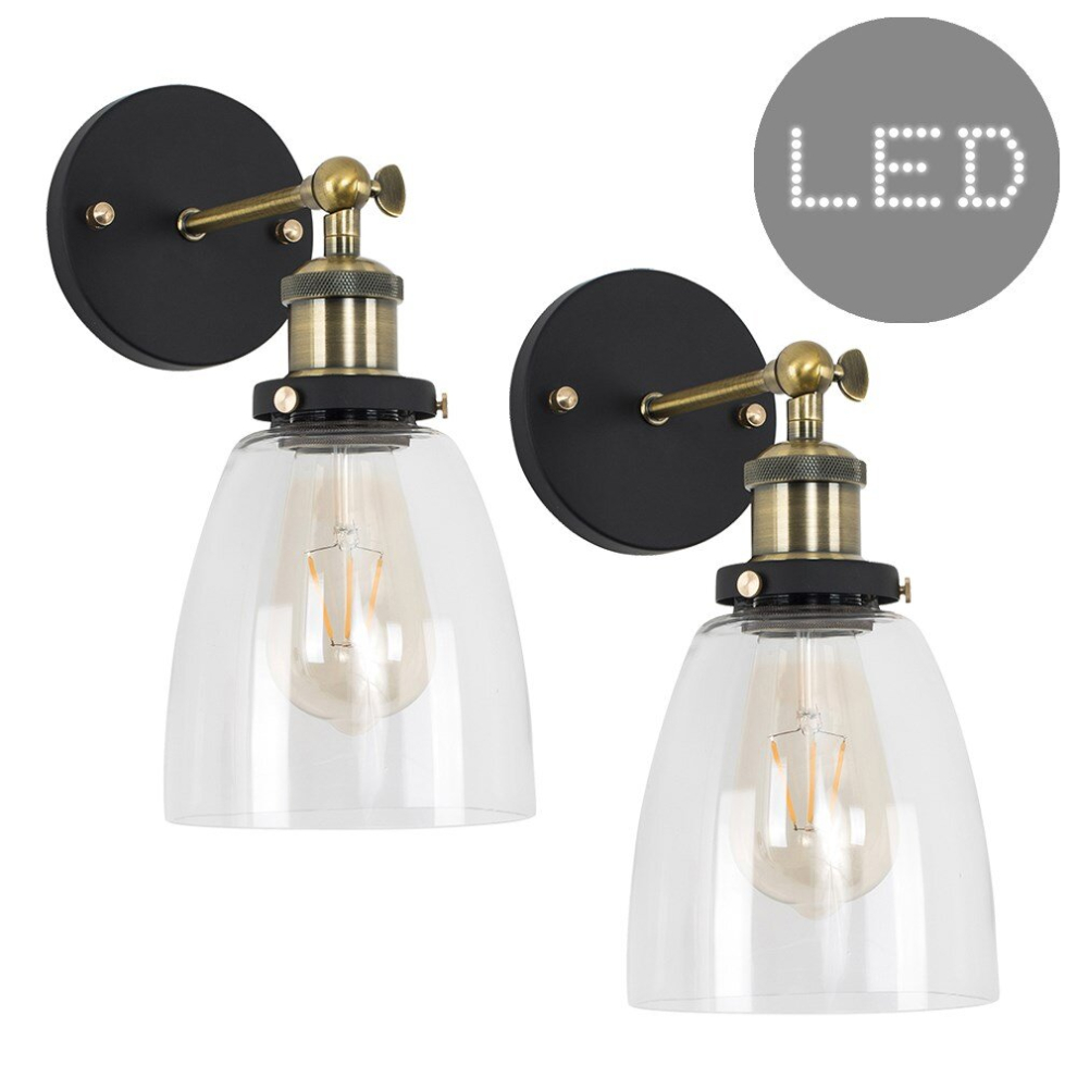 Pair of - Retro Style Antique Brass & Black Metal Adjustable Knuckle Joint Wall Light Fittings+ 4w LED Filament Amber Tinted Bulbs 2700K Warm White