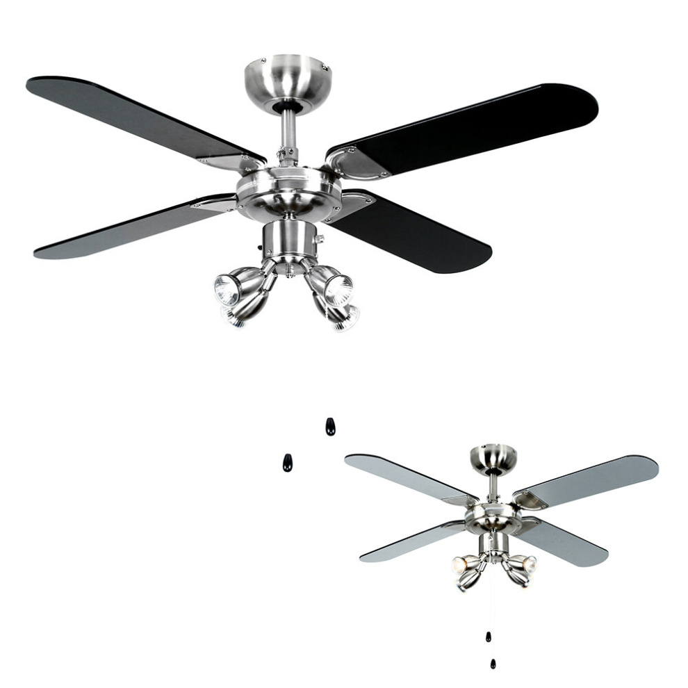 Chrome 42" Modern Ceiling Fan with Spot Lights & Black/Silver Reversible Blades - Complete 3w LED GU10 Light Bulbs [3000K Warm White]