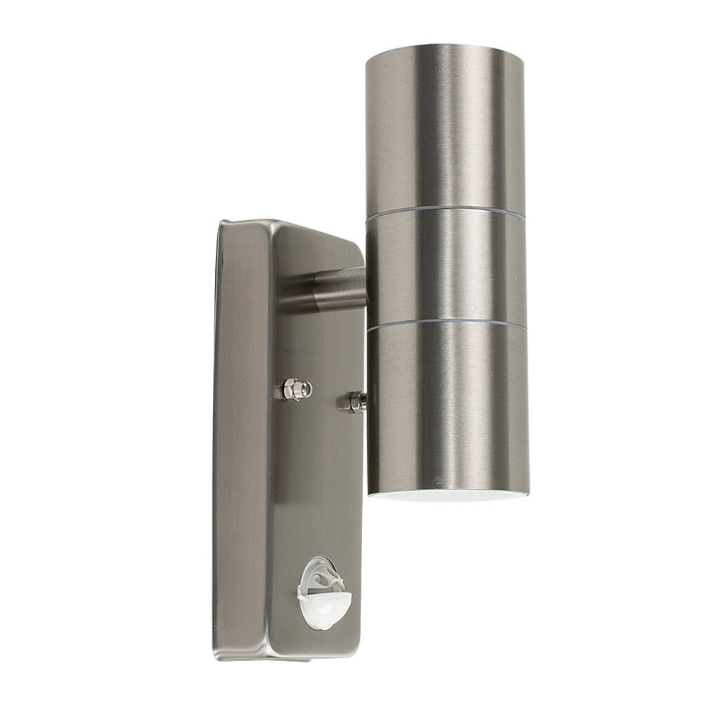 Modern Stainless Steel Up/Down IP44 Rated Outdoor Security Wall Light - PIR Motion Detector - Complete with 5w LED GU10 Bulbs [3000K Warm White]