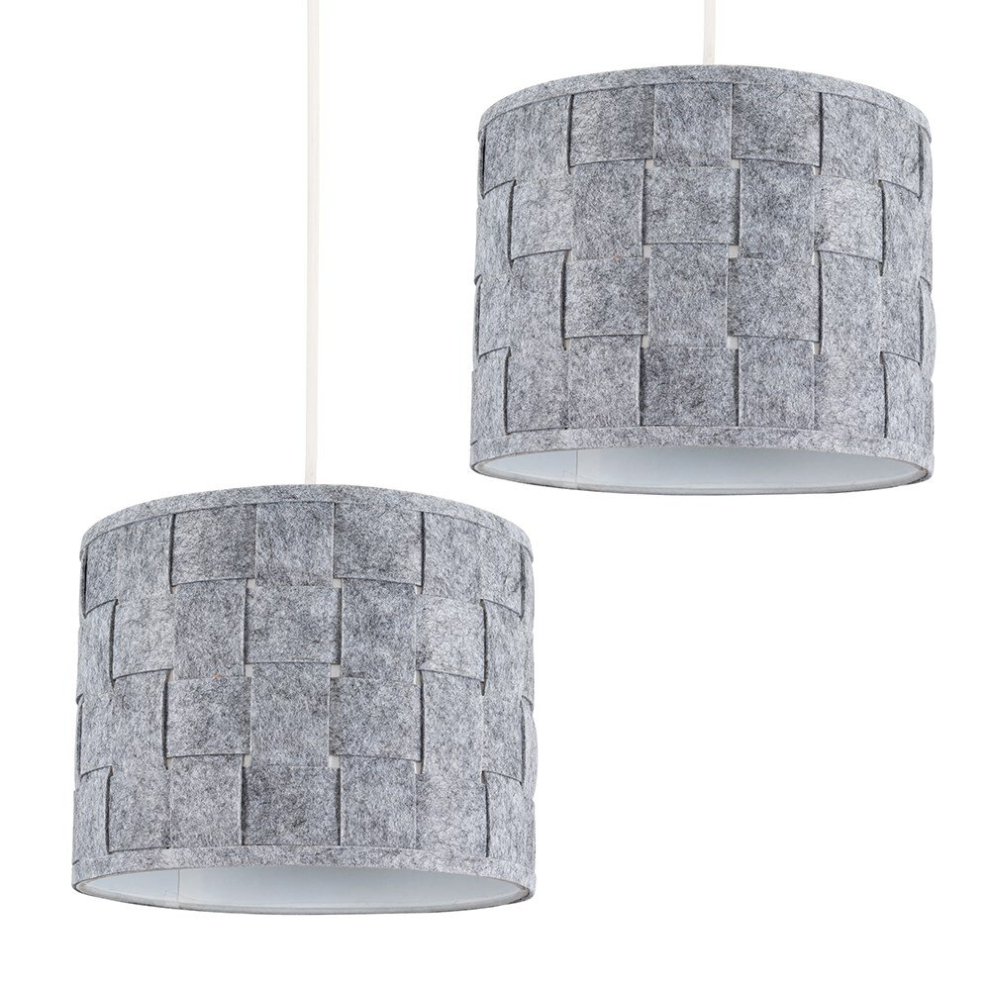 Pair of - Small Modern Grey Felt Weave Design Ceiling Pendant/Table Lamp Drum Light Shades - Complete with 10w LED GLS Bulbs [3000K Warm White]