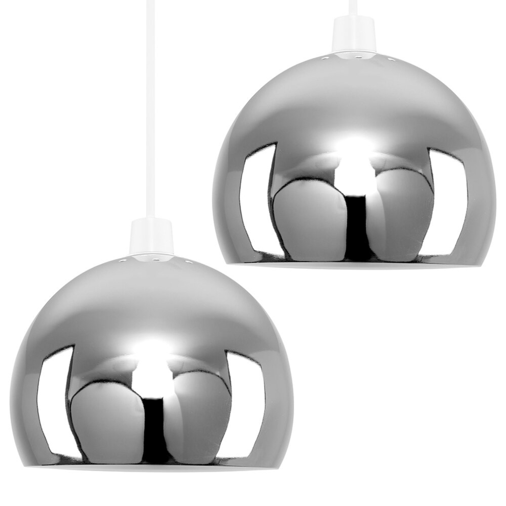 Pair of Mini Retro Chrome Arco Style Dome Ceiling Pendant Light Shades - Complete with 10w LED GLS Bulbs [3000K Warm White]