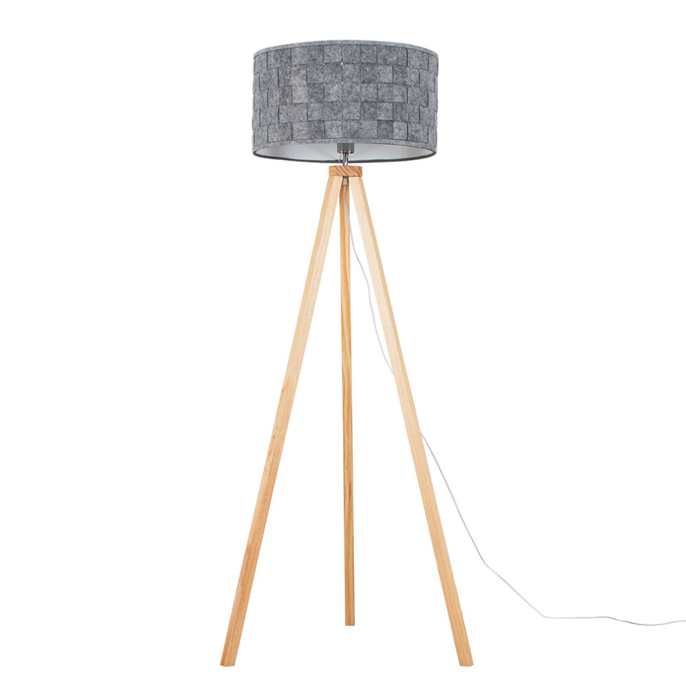 Modern Light Wood Tripod Design Floor Lamp with a Grey Felt Weave Design Cylinder Light Shade - Complete with a 6w LED GLS Bulb [3000K Warm White]