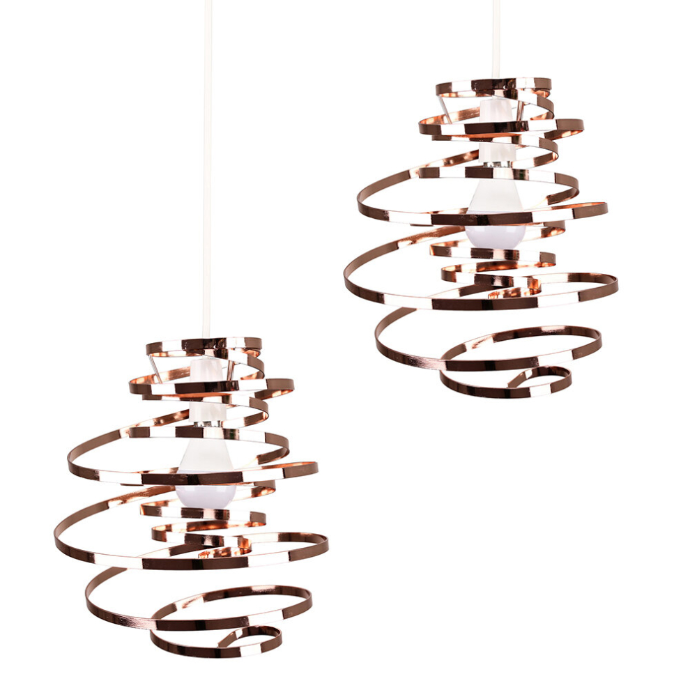 Pair of Contemporary Copper Metal Double Ribbon Spiral Swirl Ceiling Light Shades - Complete with 10w LED GLS Bulbs [3000K Warm White]