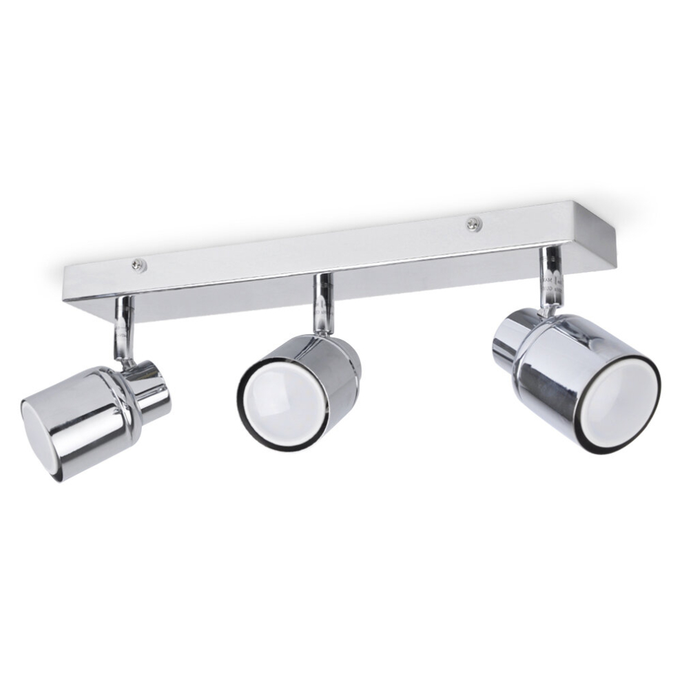 Modern 3 Way Polished Chrome IP44 Rated Adjustable Straight Bar Bathroom Ceiling Spotlight - Complete with 3 x 5W Warm White GU10 LED Bulbs