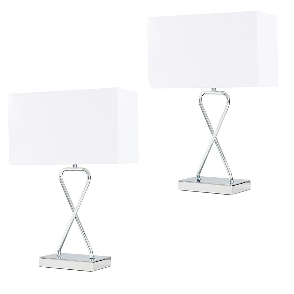 Pair of Contemporary Polished Chrome Table Lamps with a White Rectangular Shade