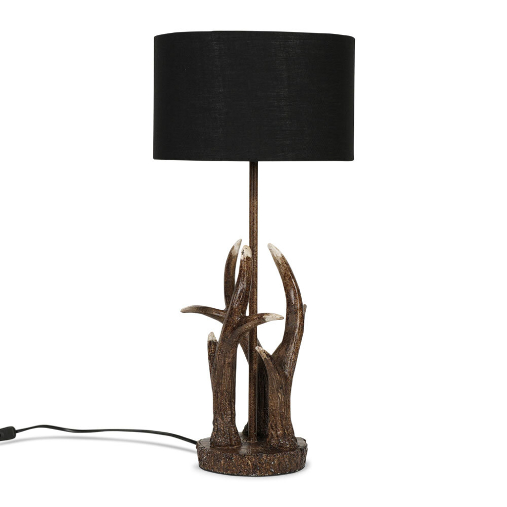 Intertwined Caribou Antler Design Table Lamp in a Natural Rustic Finish with a Black Drum Shade - Complete with a 4w LED Bulb [3000K Warm White]