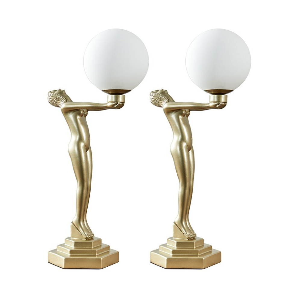 Pair of Matt Gold Art Deco Female Holding Light Table Lamp with a White Opal Glass Globe Shade - With a 4w LED Golfball Bulb [3000K Warm White]