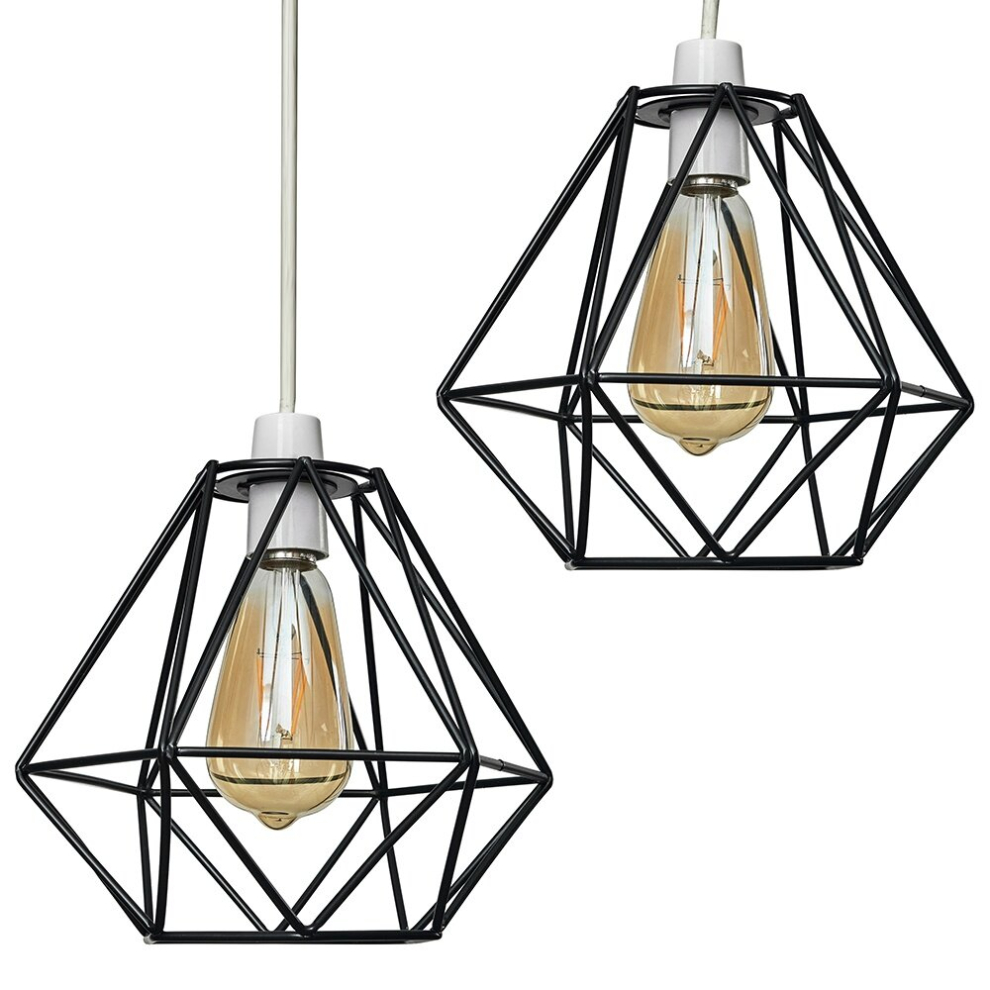 Pair of - Retro Style Black Metal Basket Cage Ceiling Pendant Light Shades - Complete with 4w LED Filament Bulbs [2700K Warm White]