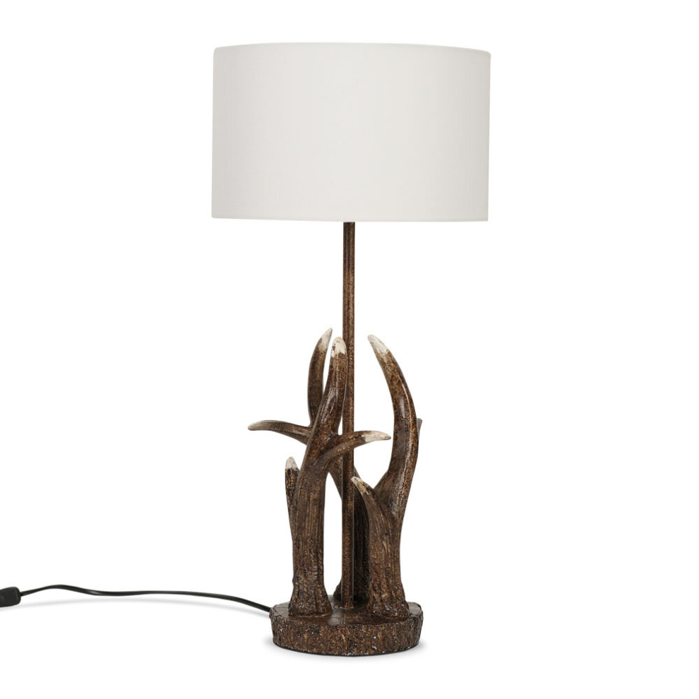 Intertwined Caribou Antler Design Table Lamp in a Natural Rustic Finish with a White Drum Shade - Complete with a 4w LED Bulb [3000K Warm White]