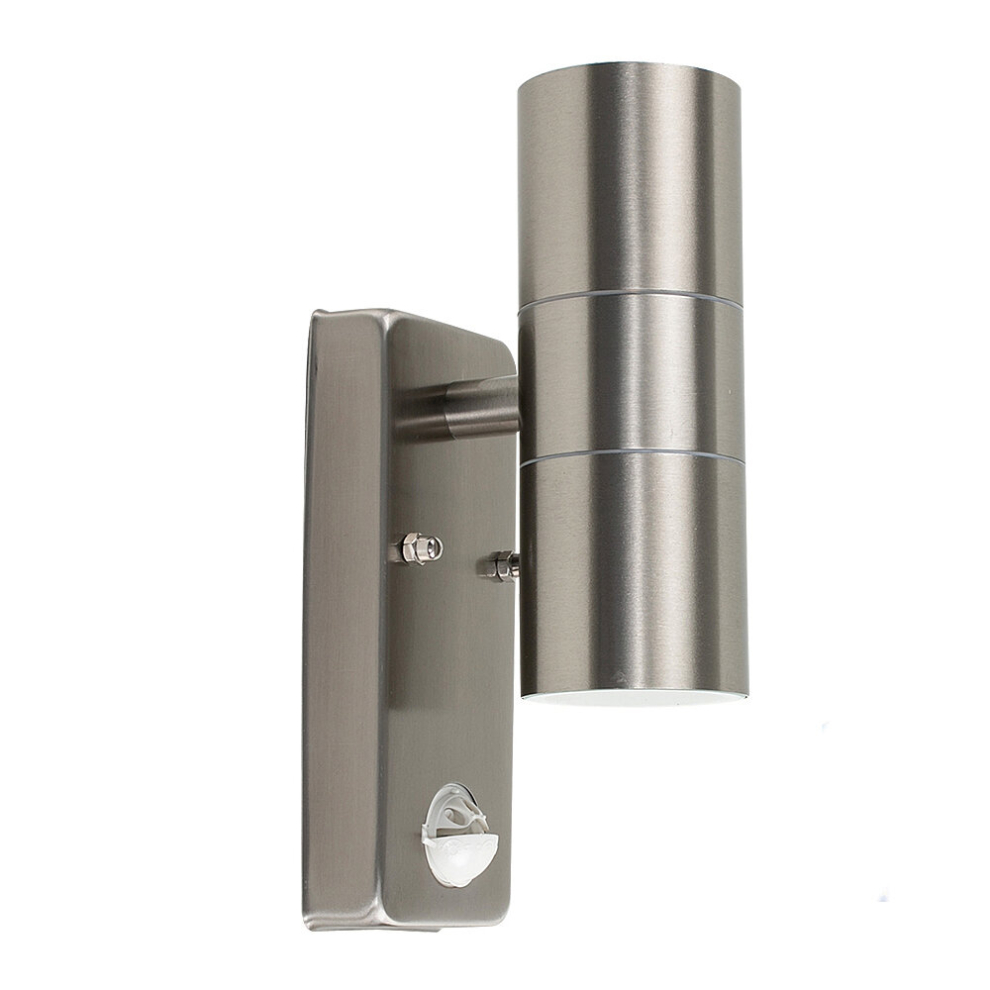 Modern Stainless Steel Up/Down IP44 Rated Outdoor Security Wall Light - PIR Motion Detector - Complete with 5w LED GU10 Bulbs [6500K Cool White]