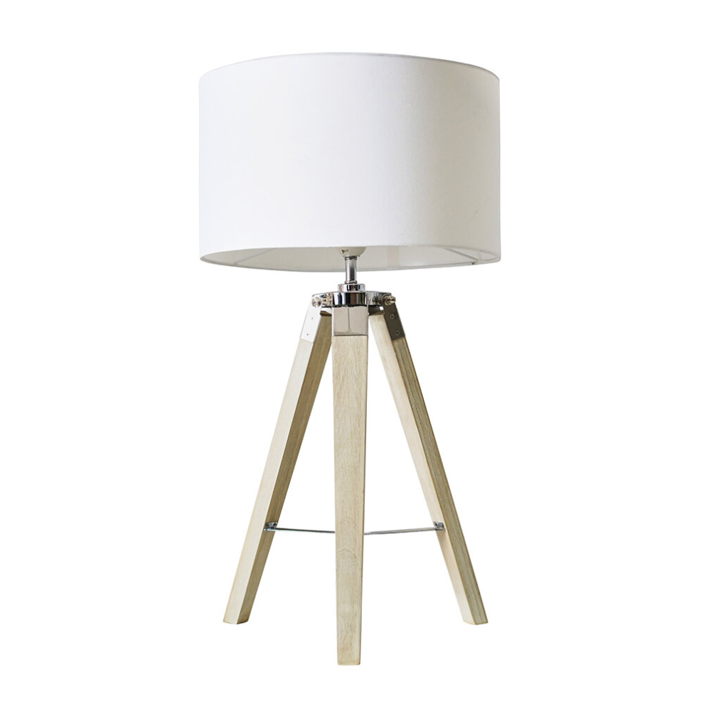 Modern Light Wood & Chrome Tripod Table Lamp with a White Drum Shade - Complete with 6w LED ES E27 Thermo Plastic Frosted GLS Bulb [3000K Warm White]