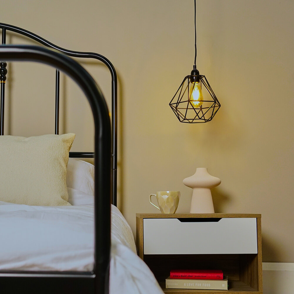 Pair of - Retro Style Black Metal Basket Cage Ceiling Pendant Light Shades - Complete with 4w LED Filament Bulbs [2700K Warm White]