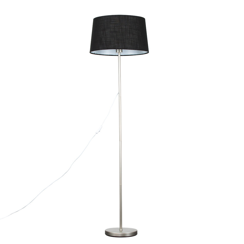 Modern Standard Floor Lamp in a Brushed Chrome Metal Finish with a Black Faux Linen Tapered Shade