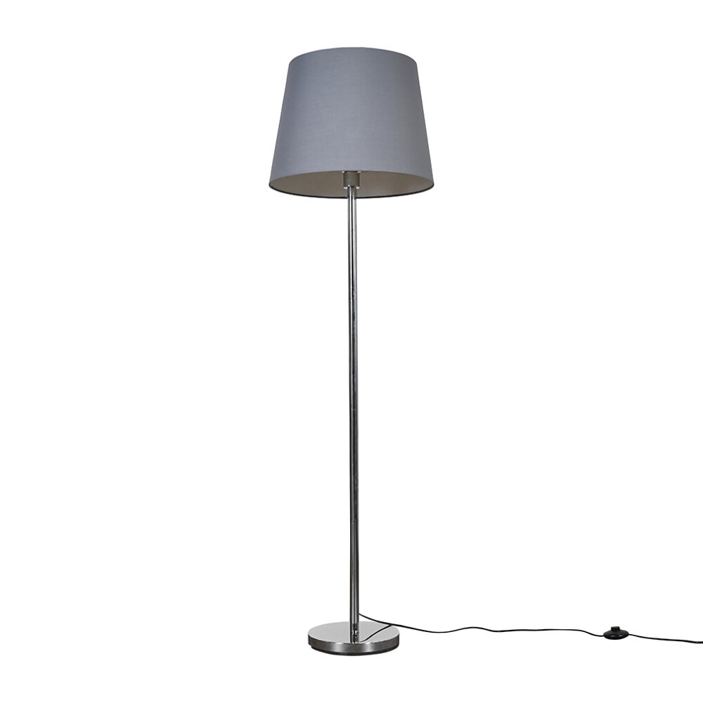 Modern Polished Chrome Metal Standard Floor Lamp with a Grey Tapered Shade